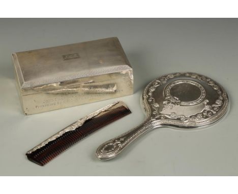 A TABLE CIGARETTE BOX of rectangular form with engine-turned decoration and presentation inscription, Birmingham 1928, 6.5" l