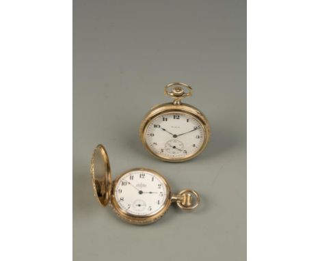 A GENTLEMAN'S 14K YELLOW GOLD ENGRAVED HUNTING CASED POCKET WATCH, the white enamel dial with Arabic numerals, and subsidiary