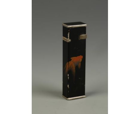 A 1930'S DUNHILL NAMIKI TALL BOY LACQUERED WHITE METAL CIGARETTE LIGHTER with polychrome goldfish decoration, signed on rever