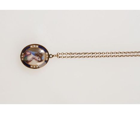 A 19TH CENTURY PORTRAIT MINIATURE PENDANT of oval form, painted to the centre with a woman within blue enamel and white jewel