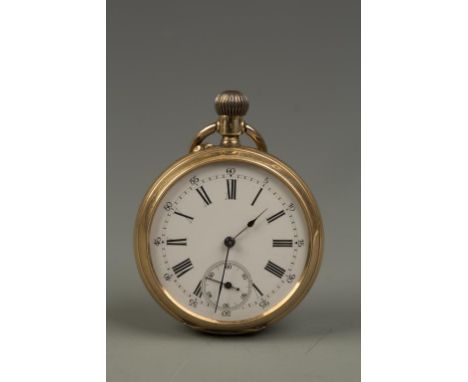 A GENTLEMAN'S 14K YELLOW GOLD OPEN-FACED POCKET WATCH, the white enamel dial with Roman numerals, outer Arabic seconds numera