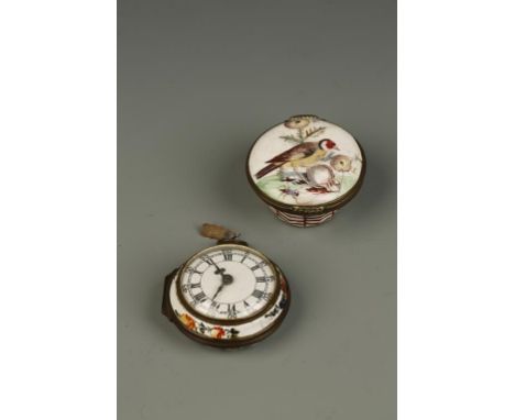 A NOVELTY ENAMEL SNUFF BOX in the form of a pocket watch, the underglass dial with movable hands and bordered with painted fl