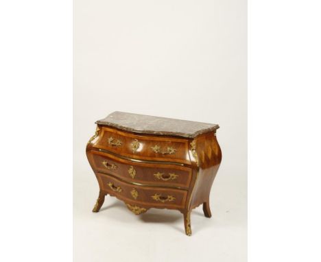 A SWEDISH KINGWOOD AND PARQUETRY BOMBE COMMODE, retaining the original serpentine red and green marble top with a moulded edg