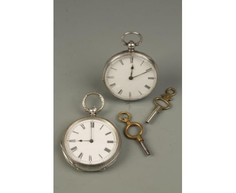 A GENTLEMAN'S SILVER OPEN-FACE SWISS POCKET WATCH, the white enamel dial with Roman numerals and one other silver pocket watc