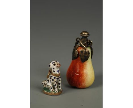 AN ENAMEL AND YELLOW METAL MOUNTED FOB SEAL in the form of a seated Dalmation, 18th century, 2.3cm, and an enamelled scent bo