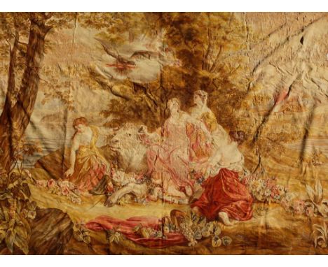 A FRENCH "AUBUSSON" STYLE TAPESTRY depicting Europa and The Bull, wearing ribbons of flowers, surrounded by three scantily cl