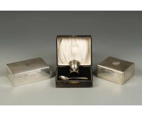 A TABLE CIGARETTE BOX of rectangular form with an engine-turned cover, by Richard Comyns, London 1952, another by The Goldsmi