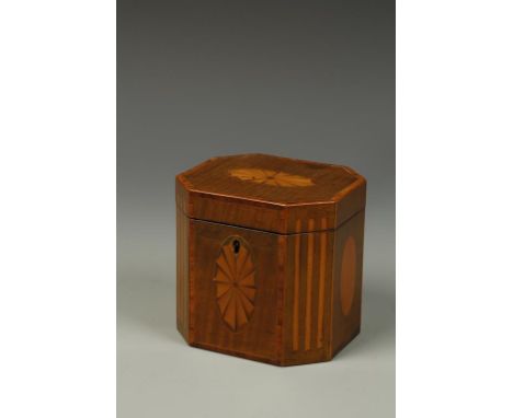 A GEORGE III "HAREWOOD" AND MARQUETRY TEA CADDY of canted square form with satinwood fan paterae and simulated fluting, 4.75"