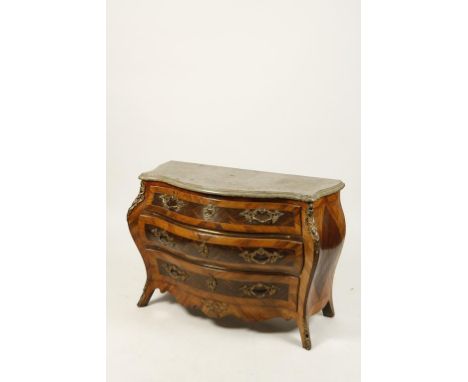 A SWEDISH KINGWOOD AND PARQUETRY BOMBE COMMODE retaining the original serpentine grey and green marble top with a moulded edg