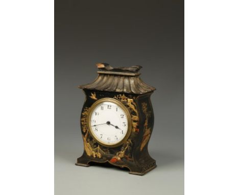 A CHINOISERIE LACQUERED MANTEL CLOCK with a broad white enamel dial within a decorated pagoda-shaped case, single train movem
