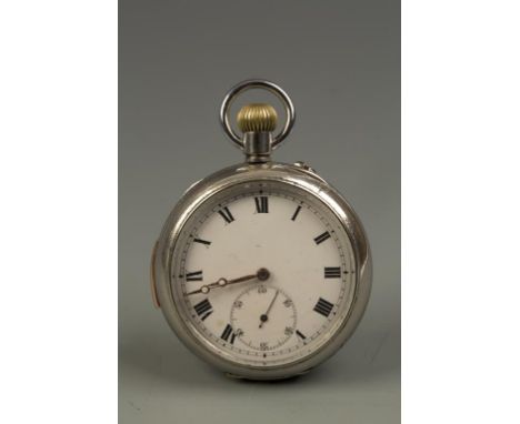 A GENTLEMANS UNMARKED WHITE METAL OPEN FACED REPEATING POCKET WATCH, the white enamel dial with Roman numerals and subsidiary