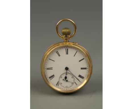 A GENTLEMAN'S 18CT YELLOW GOLD POCKET WATCH, the white enamel dial with Roman numerals and subsidiary seconds dial, the movem