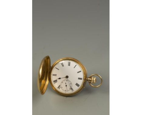 A GENTLEMAN'S 18CT YELLOW GOLD HUNTING CASED POCKET WATCH, the white enamel dial with Roman numerals, the movement cover insc