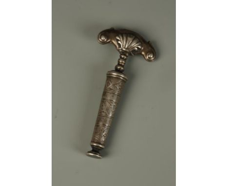 A CONTINENTAL POCKET CORKSCREW/PIPE TAMPER fitted in a tapering cylindrical case with geometric and floral engraving, shell t