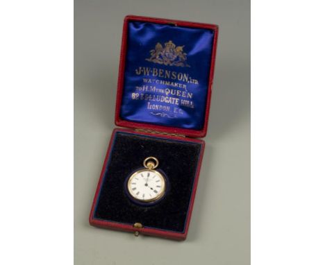 A LADIES 18CT YELLOW GOLD FOB WATCH, the white enamel dial with Roman numerals, inscribed 'J.W. Benson London', the movement 