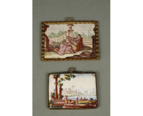AN ENAMEL PLAQUE painted with a romantic scene of a man serenading a woman, in a gilt metal frame, 18th century, 6.5cm x 8.5c