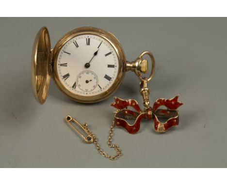 A LADIES YELLOW METAL HUNTING CASED POCKET WATCH, the white enamel dial with Roman numerals and subsidiary seconds dial, atta