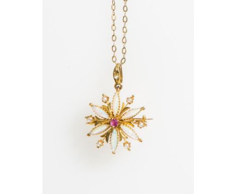 AN EDWARDIAN OPAL PENDANT of star-burst form, claw-set with six slender marquise opals and claw-set to the centre with a roun