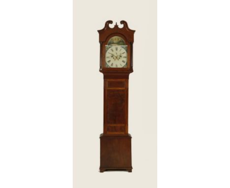 A MAHOGANY LONGCASE CLOCK with a painted dial, the arch painted with a castle, the dial with subsidiary seconds dial decorate