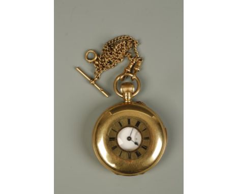 A GENTLEMAN'S 18CT YELLOW GOLD HALF HUNTING CASED REPREATING POCKET WATCH, the white enamelled dial with Roman numerals and s