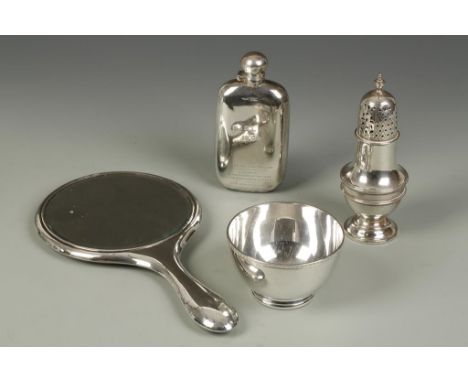 AN EDWARDIAN HIP FLASK of oval form, with a bayonet fitting cap, presentation engraved, by James Dixon & Sons, Sheffield 1902