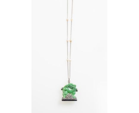 A FINE CARVED JADEITE PENDANT, the untreated certified jadeite carved as a dog standing on a diamond-set and princess-cut sap