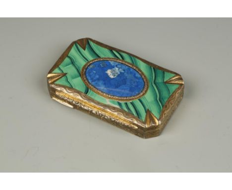 A GERMAN SILVER GILT AND MALACHITE SNUFF BOX, with all-over bright-cut and engraved floral scrolls in wavy borders, the cover