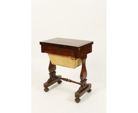 A REGENCY ROSEWOOD SEWING AND CARD TABLE, the rectangular fold-top with a baize-lined playing surface above a flush-fitting f