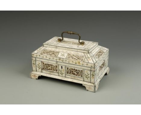 AN INDIAN 'VIZAGAPATAM' CARVED, STAINED AND DECORATED BONE COVERED WORK BOX, the rectangular top decorated with carved panels
