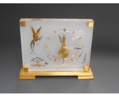 JAEGER LE COULTRE: A ‘MARINA’ MANTEL CLOCK,  the rectangular Perspex form with visible movement and gilt hours markers, with 