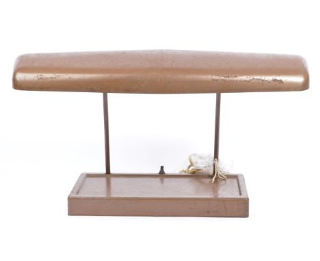 A mid century stainless steel bankers portable light / lamp by Underwriters Laboratories Inc.&nbsp;Having a weighted sloping 