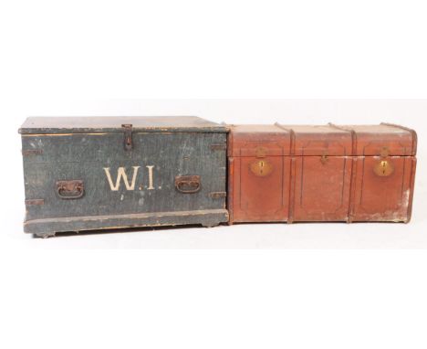 An early 20th century travel / railway pine chest / trunk. In a green colourway with metal fittings / carry handles. With W. 