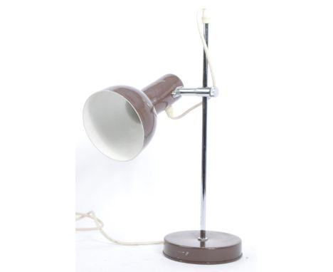 A retro 1980's adjustable desk lamp light. Having brown aluminium shade, adjustable conical shade, raised on a brown aluminiu