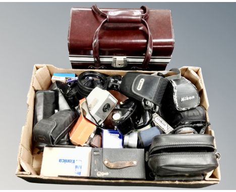 A vintage stitched leather camera case together with a box containing vintage and later cameras including Konica Revio Z3, Ko