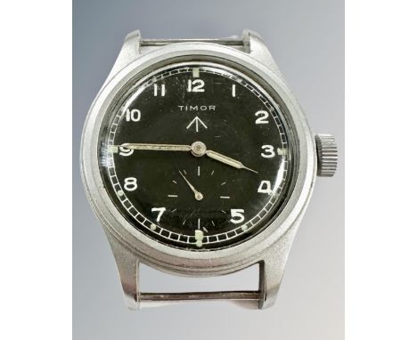 A Timor WWII British military issue so-called 'Dirty Dozen' wristwatch, black dial with subsidiary seconds, luminous hands an