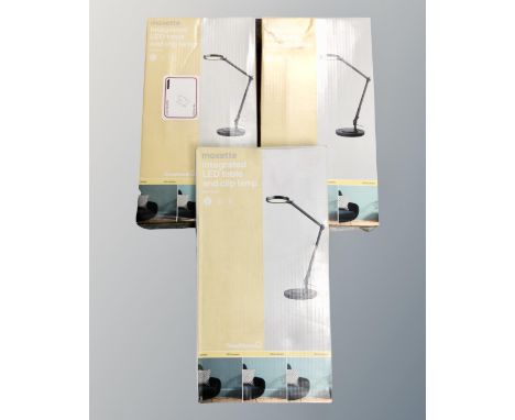 Three Goodhome Moxette integrated LED table and clip lamp, boxed.