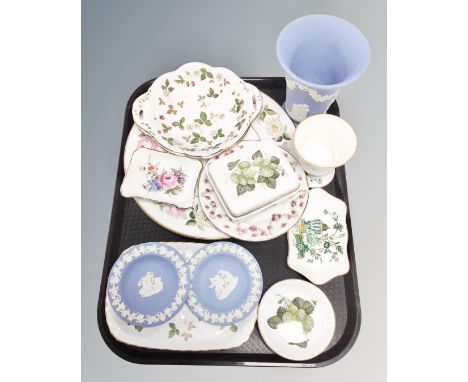 A tray containing assorted ceramics including Wedgwood jasperware, Royal Worcester Mathon lidded dish and trinket dishes, cak