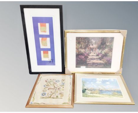 A vintage framed needlework panel together with three prints.