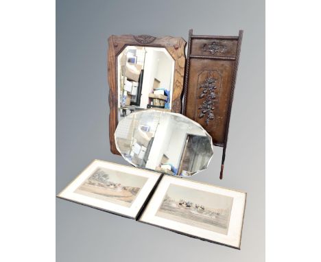 An Edwardian oak framed mirror together with a 20th century frameless bevel edged mirror, two colour prints of coaching scene