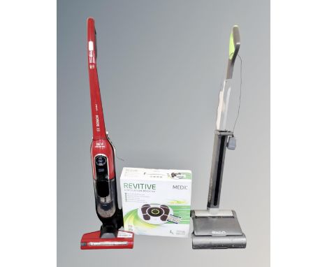 A Revitive circulation booster, boxed, together with a Gtech Airman cordless electric carpet sweeper and a Bosch 18v all floo