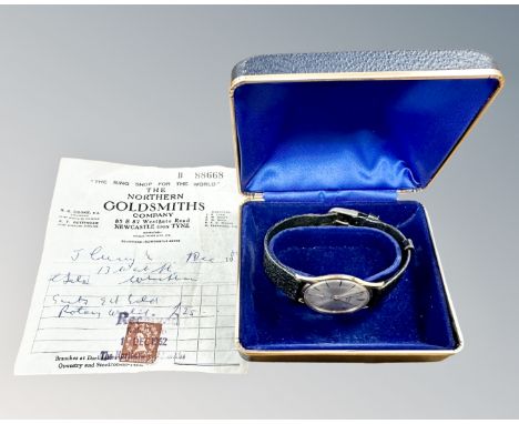 A gent's vintage 9ct gold Rotary wristwatch with original purchase receipt dated 1962, case diameter 33mm. 