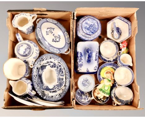 Two boxes containing antique and later blue and white ceramics including cheese dish with cover, tureen on stand, dinnerware,