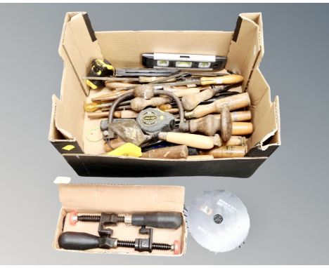 A box containing a quantity of good quality vintage and later hand tools including chisels, files, clamp etc.