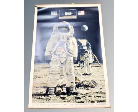 A vintage pull down poster, Apollo 11 astronauts Armstrong, Aldrin and Collins, first men on the Moon, July 20th 1969, by Ber