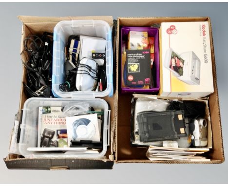 Two boxes containing Kodak easy share G600 photo printer, printer paper, cartridges, together with a further Kodak printer, l