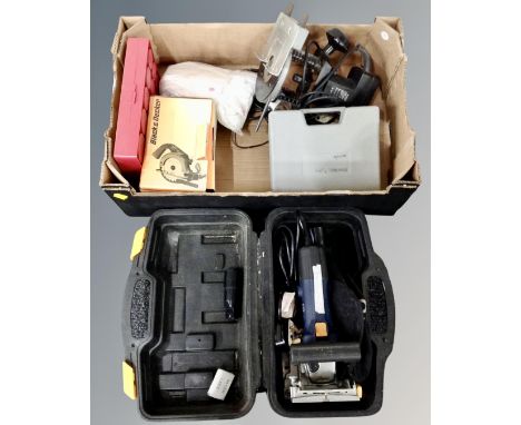 A box containing power tools including biscuit jointer, cased, Black and Decker router, cased O-ring set etc.