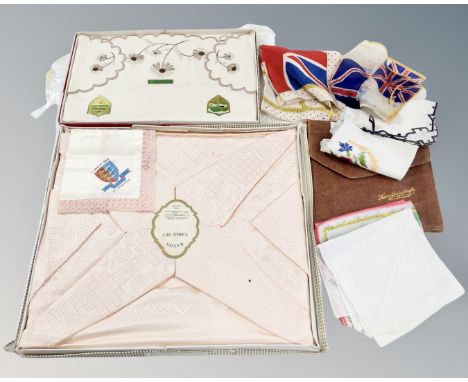 Two sets of vintage quality table linen together with a handkerchief bag and vintage handkerchiefs including an embroidered e