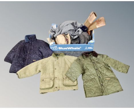 Two boxes containing vintage hats, leather boots, a child's green belt tweedcoat (size 26) with two further children's quilte