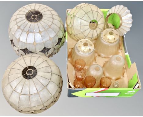 A box containing vintage light shades including Christopher Wray mother of pearl effect examples, drinking glasses, miniature