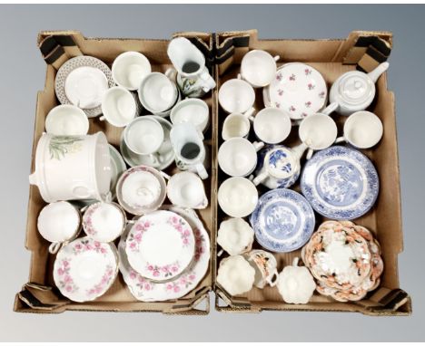 Two boxes containing teaware including willow pattern, Colclough, Woods, Grosvenor silver rose etc.